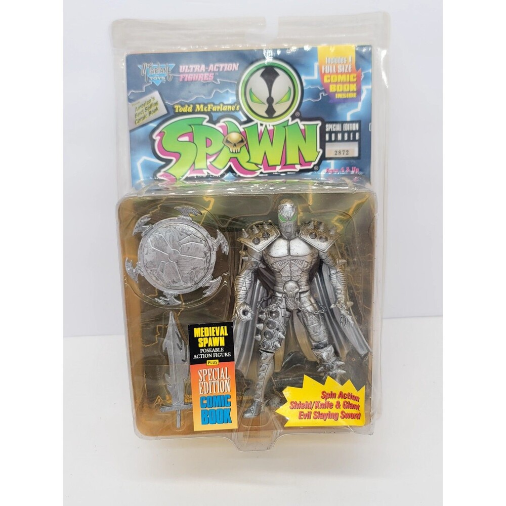 1995 Spawn Silver Medieval Action Figure & Special Edition Comic Book Vintage